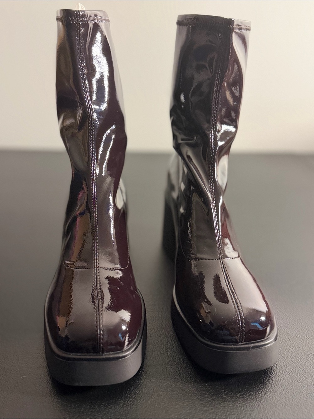 Patent-Style Platform Ankle Boots in Deep Burgundy